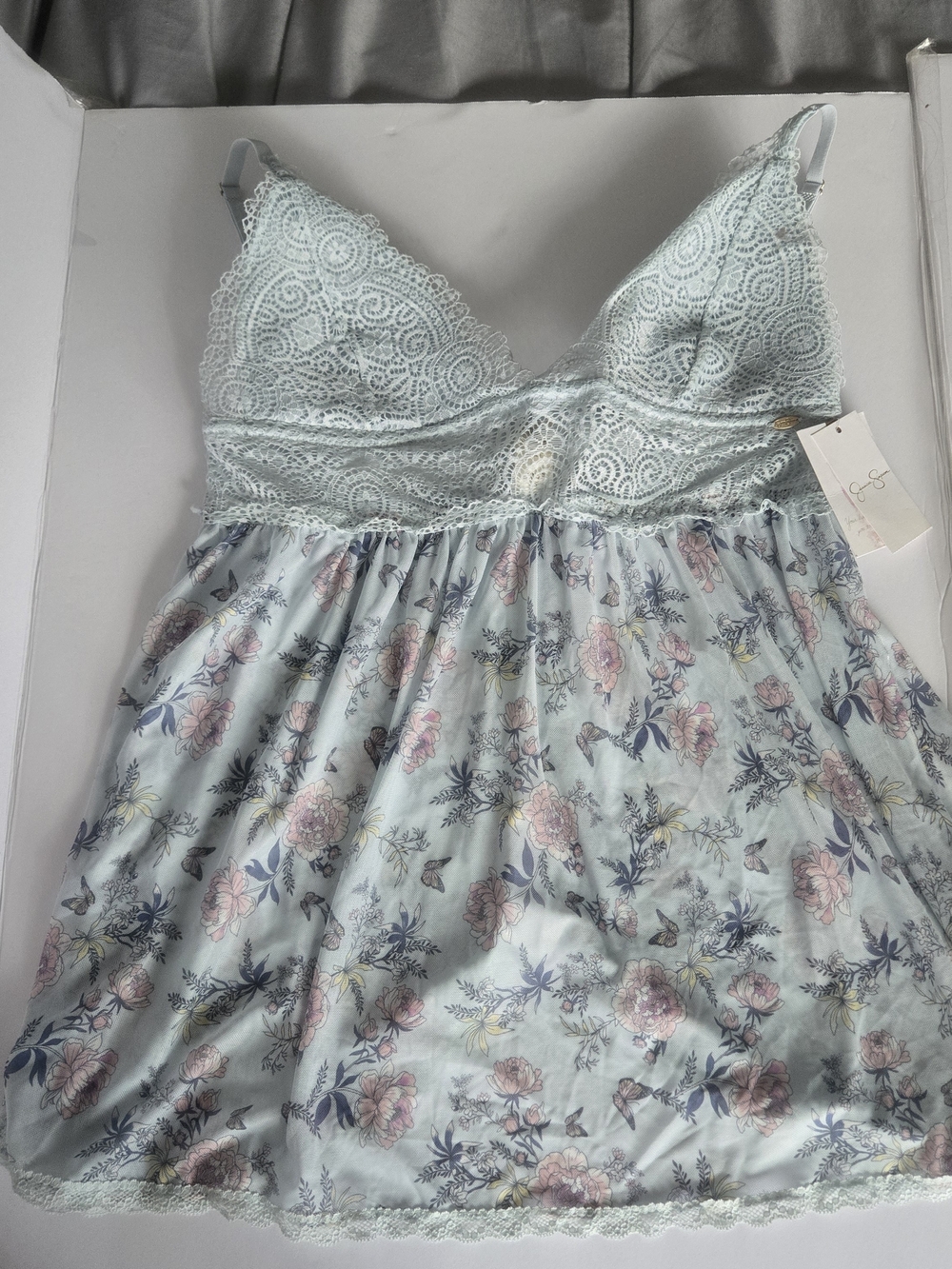 Jessica Simpson Mint Lace Chemise with Pink and Navy Floral Print